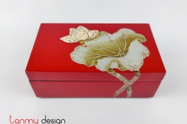 Red rectangle lacquer box hand painted with lotus 8*14*H5cm